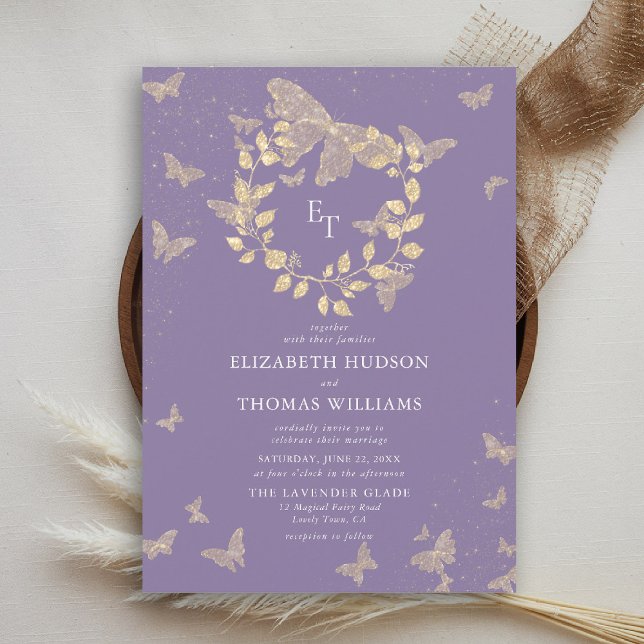 Butterfly Lavender Gold Monograms Wreath Wedding Einladung (butterfly wedding invitation lavender purple gold eucalyptus elegant modern classic romantic)
