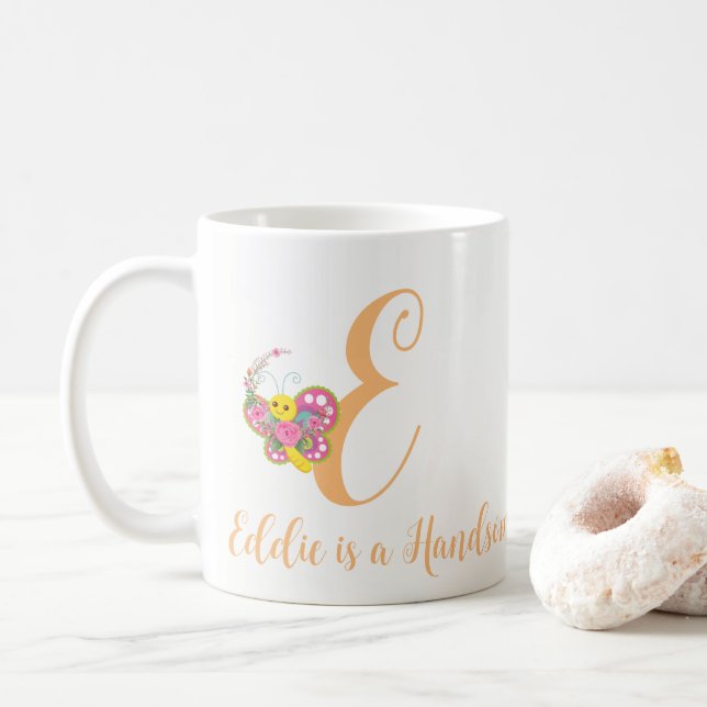 Butterfly Letter E Floral Tasse (Mit Donut)