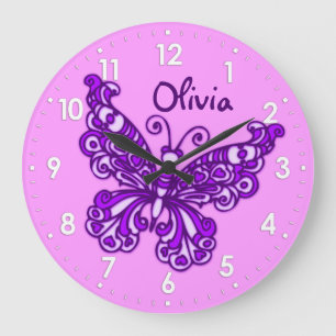 Butterfly lila Girls Zimmername Wand Große Wanduhr