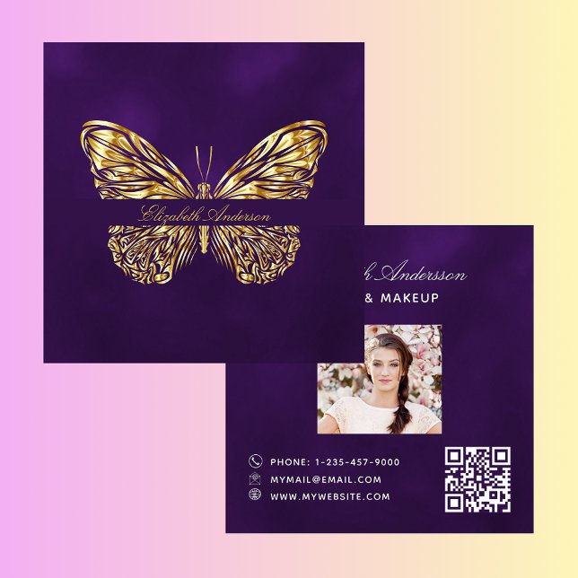 Butterfly-lila-QR-Code-Foto Quadratische Visitenkarte (Von Creator hochgeladen)