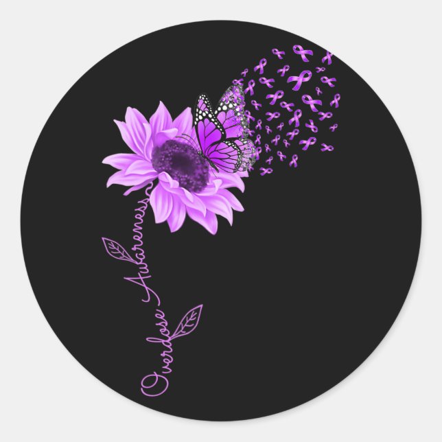 Butterfly Lila Ribbon Sonnenblumen Überdosierung A Runder Aufkleber (Vorderseite)