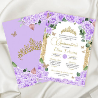 Butterfly Lila Rose mit Blumen und Gold Quinceaner Einladung