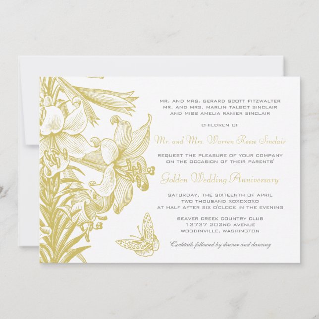 Butterfly Lilies Golden 50. Hochzeitstag Einladung (Vorderseite)