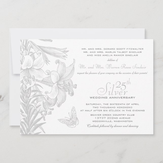 Butterfly Lilies Silver 25. Hochzeitstag Einladung (Vorderseite)
