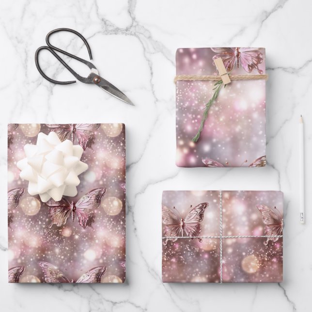 Butterfly magisch verzaubertes rosa Muster nahtlos Geschenkpapier Set (Vorderseite)