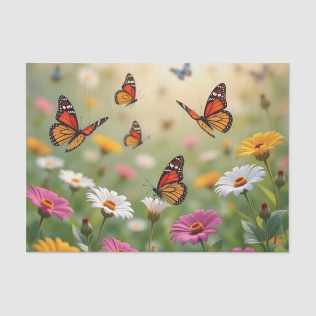 Butterfly Meadow Seamless Pattern Vibrant Flowers Seidenpapier (Vorderseite)