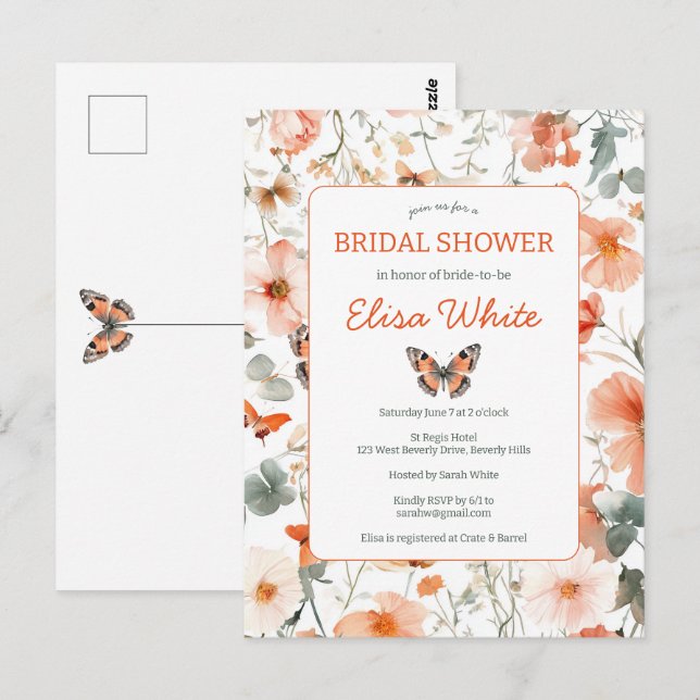 Butterfly Meadow Watercolor Brautparty Party Postkarte (Vorne/Hinten)
