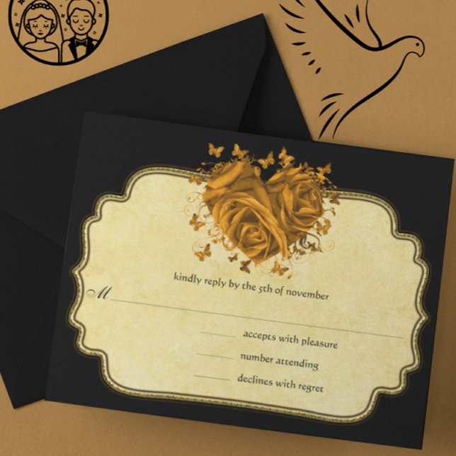 Butterfly Metallic Gold Heart Gold Imitate Parchme RSVP Karte (Von Creator hochgeladen)
