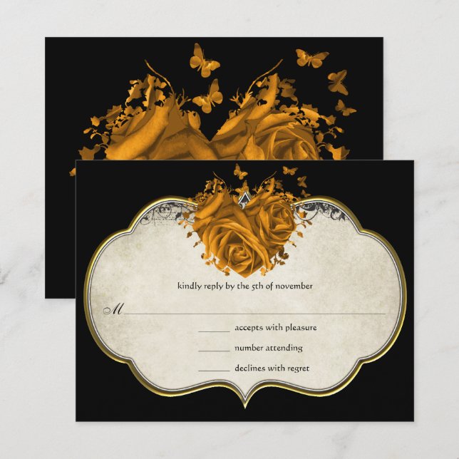 Butterfly Metallic Gold Heart Tan Imitate Parchmen RSVP Karte (Vorne/Hinten)