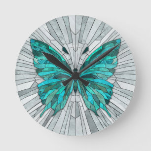 Butterfly Mosaic - Emerald Green und Grau Runde Wanduhr