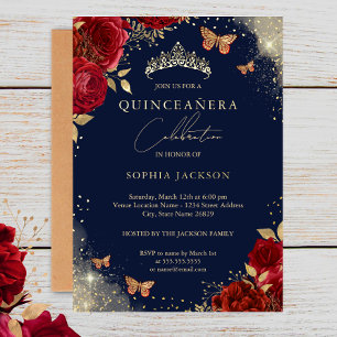 Butterfly Navy Rote Rose Gold Tiara Quinceanera Folieneinladung