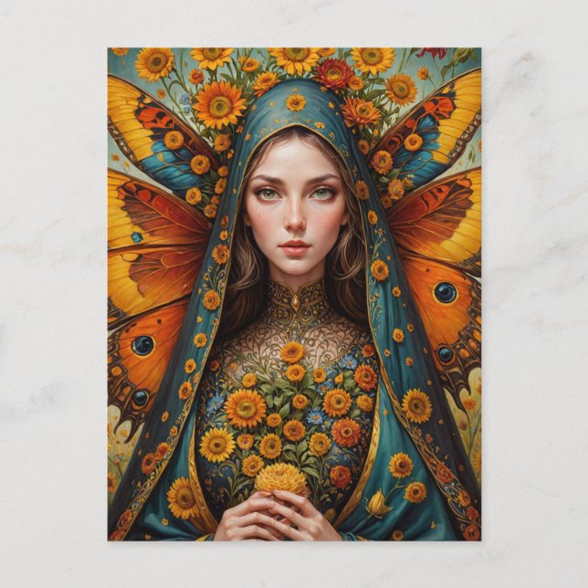 Butterfly Nun Holding Yellow Blume Postkarte (Vorderseite)