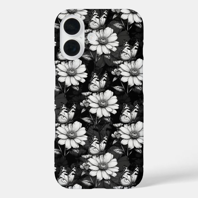 Butterfly On Blume Design - Schwarz iPhone 16 Hülle (Rückseite)