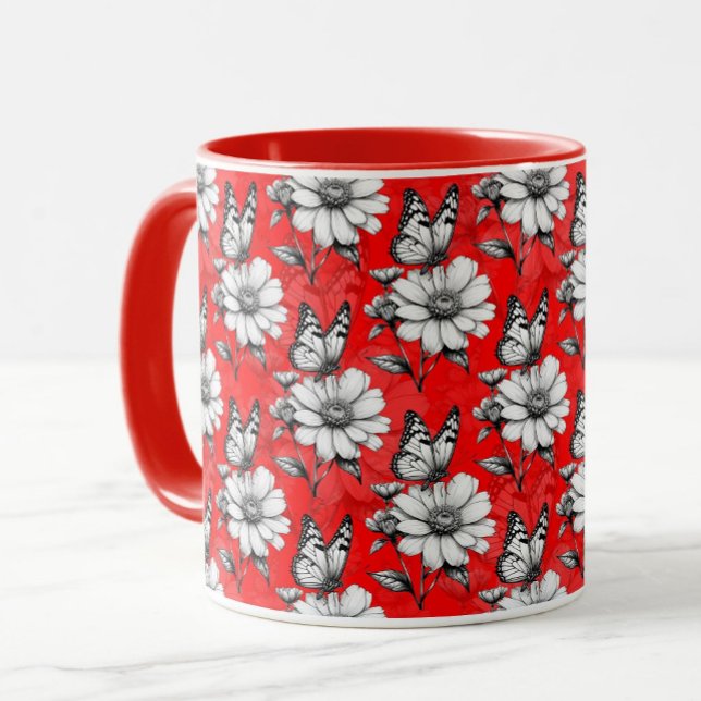 Butterfly On Blume Muster Red Design Tasse (Von Creator hochgeladen)