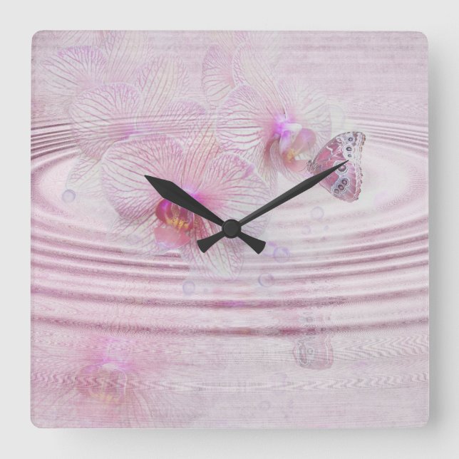 Butterfly On Orchid Quadratische Wanduhr (Vorderseite)