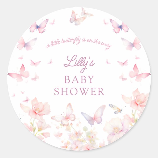 Butterfly on the Way Pink Flowers Baby Shower Runder Aufkleber (Vorderseite)