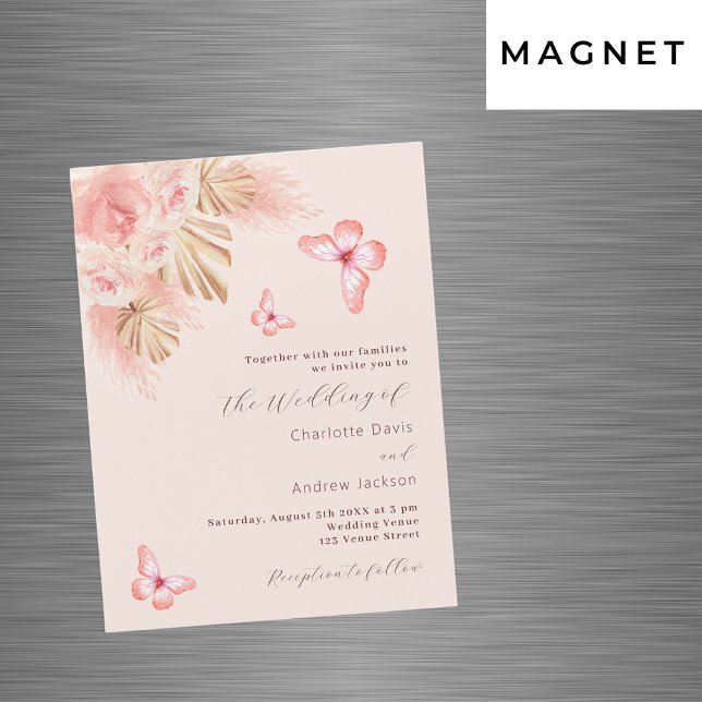 Butterfly Pampas Gras Rose Gold Luxus Hochzeit Magneteinladung (Von Creator hochgeladen)