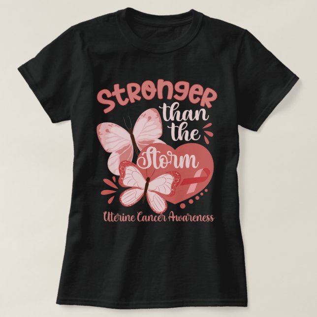 Butterfly Peach Ribbon Uterine Krebs Bewusstsein T-Shirt (Design vorne)