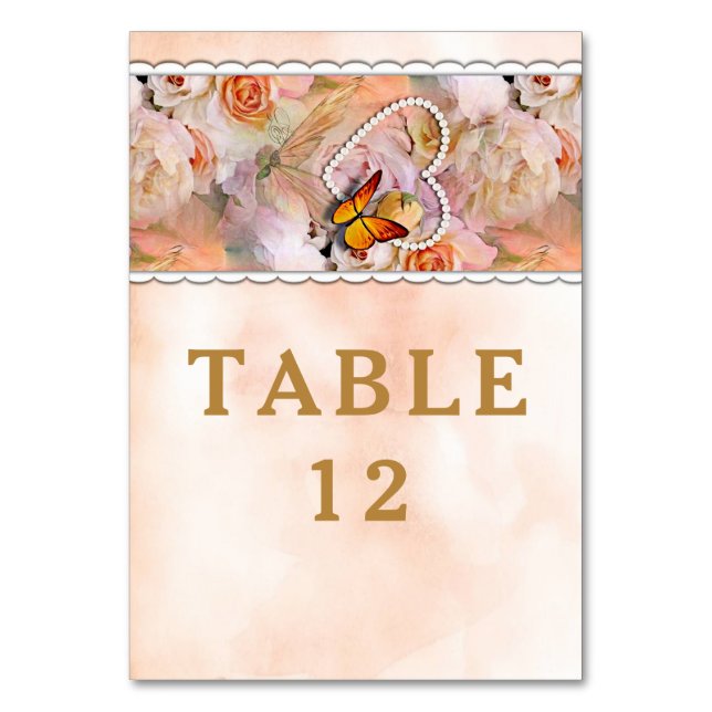 Butterfly Pearl Heart Floral Serenity Rose Hochzei Tischnummer (Vorderseite)
