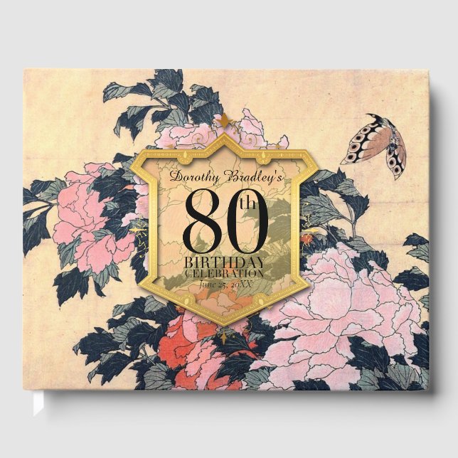 Butterfly Peonies 80th Birthday Celebration Guest Gästebuch (Vorderseite)