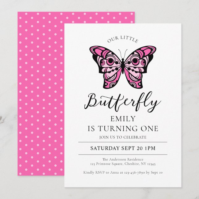 Butterfly Pink 1. Geburtstag Party Einladung (Vorne/Hinten)