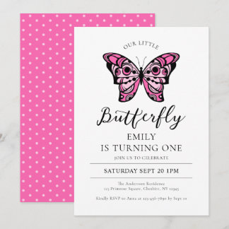 Butterfly Pink 1. Geburtstag Party Einladung