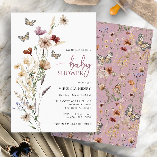 Butterfly Pink Baby Dusche Einladung (Pink Boho Wildflower Butterfly Baby Shower Invitation by Painted Paperie)