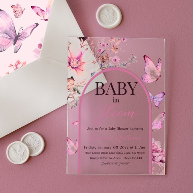 Butterfly Pink Baby in Bloom Girl Baby Dusche Acryleinladungen (Von Creator hochgeladen)