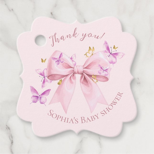 Butterfly Pink Bow Baby Shower  Geschenkanhänger (Vorderseite)