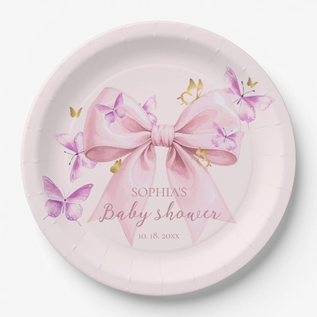 Butterfly Pink Bow Baby Shower  Pappteller (Vorderseite)
