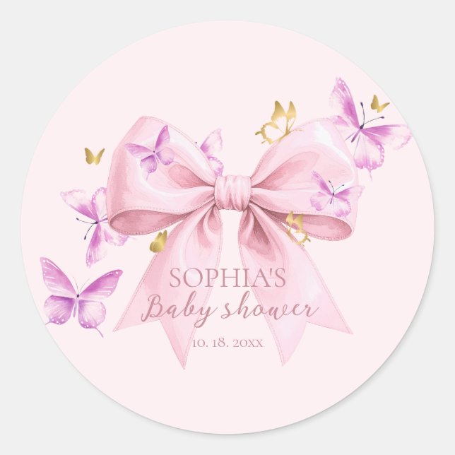 Butterfly Pink Bow Baby Shower  Runder Aufkleber (Vorderseite)
