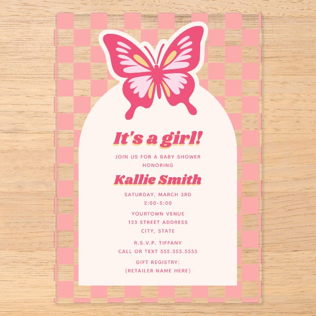 Butterfly Pink Checkerboard Girl Baby Dusche Acryleinladungen (Vorderseite)