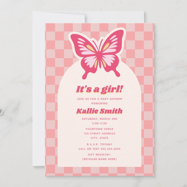 Butterfly Pink Checkerboard Girl Baby Dusche Einladung (Vorderseite)