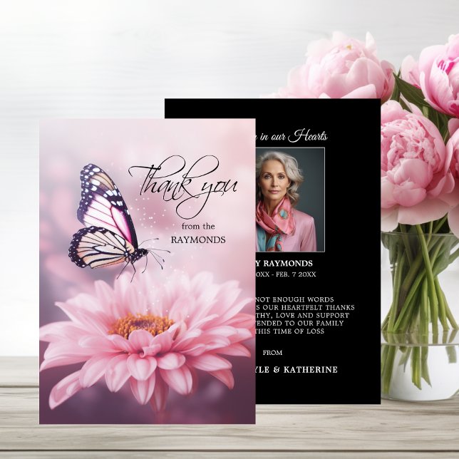 Butterfly Pink Daisy Blume Beileid Beerdigung Dankeskarte (Butterfly Pink Daisy Flower Sympathy Funeral Thank You Card)