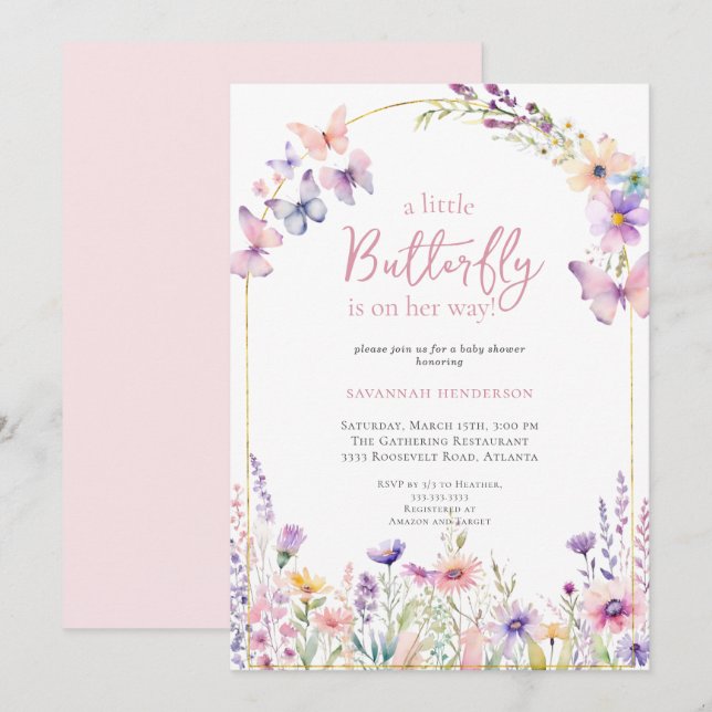 Butterfly Pink Floral Baby Dusche Einladung (Vorne/Hinten)