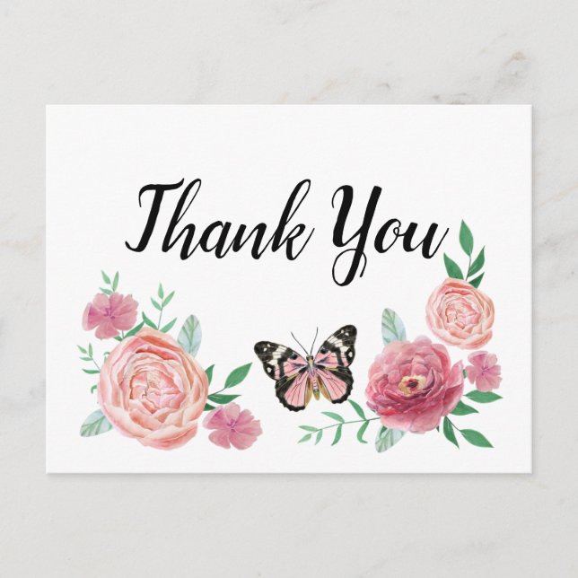 Butterfly Pink Floral Vielen Dank Postkarte (Vorderseite)