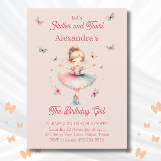 Butterfly Pink Girl Ballerina Geburtstagsparty Einladung