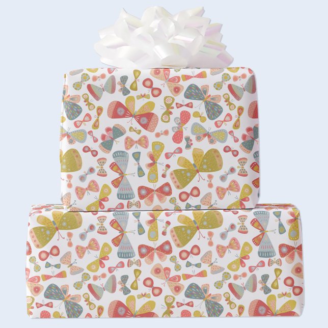 Butterfly Pink Green Geschenkpapier (Watercolor butterfly pattern gift wrap in pastel pink, green and blue)