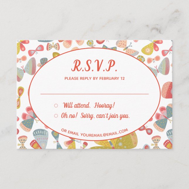 Butterfly Pink Green Wedding RSVP Begleitkarte (Vorderseite)