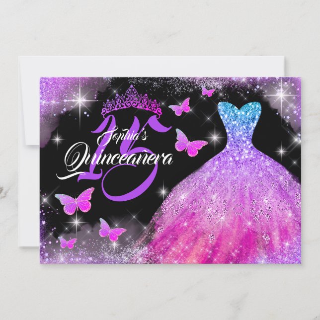 Butterfly Pink Lila Blue Dress Quinceanera Einladung (Vorderseite)