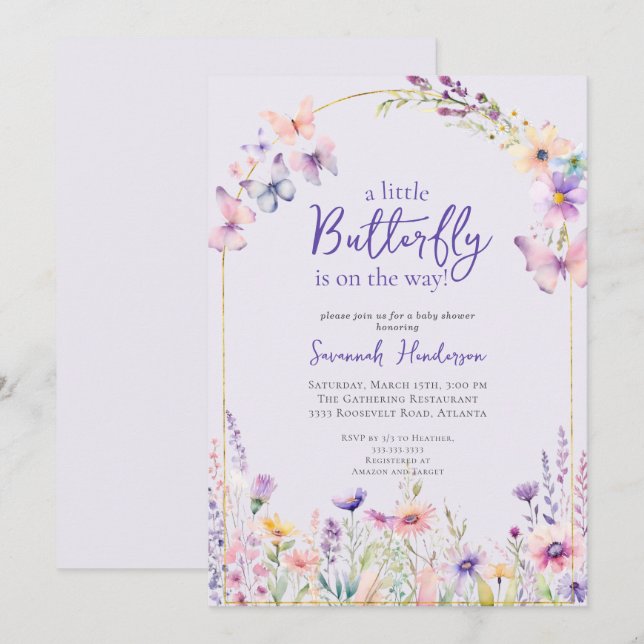 Butterfly Pink Lila Floral Baby Dusche Einladung (Vorne/Hinten)