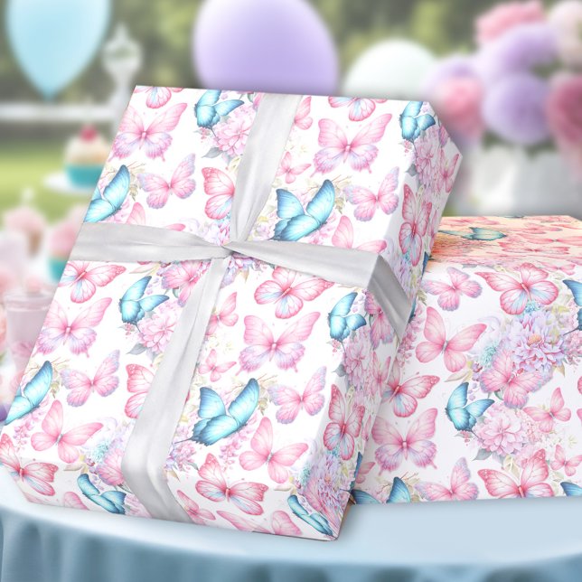 Butterfly Pink Lila Girls Sommer Geburtstag Geschenkpapier (Butterfly Pink Purple Girly Summer Birthday Wrapping Paper)