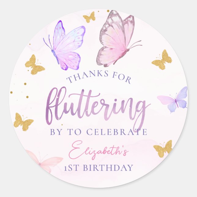 Butterfly Pink Lila Gold Girl Erstgeburt Runder Aufkleber (Vorderseite)