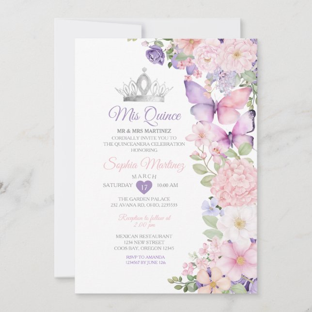 Butterfly Pink Purple Quinceanera Birthday  Einladung (Vorderseite)