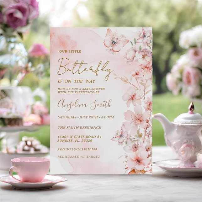 Butterfly Pink Rose Garden Girl Babydusche Einladung (Von Creator hochgeladen)