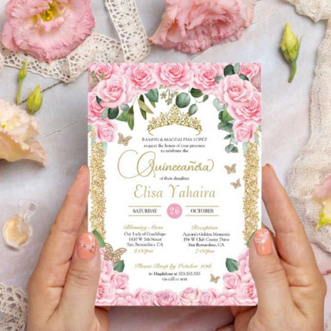 Butterfly Pink Rose und Gold Quinceanera Einladung (Von Creator hochgeladen)
