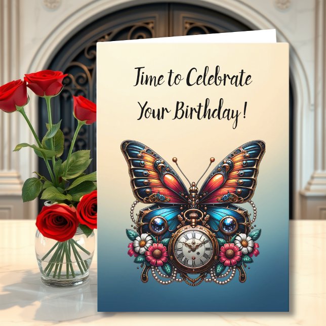 Butterfly Pocket Watch und Blume zum Geburtstag Karte (Von Creator hochgeladen)