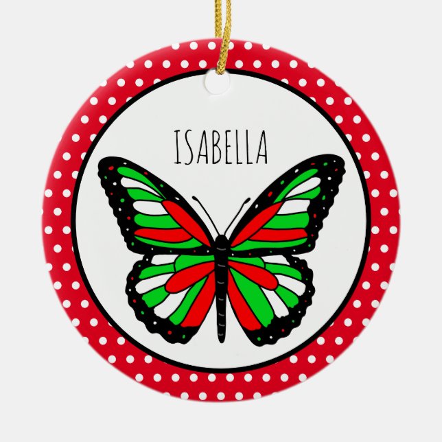 Butterfly Polka Dot Personalisiert Weihnachten Keramik Ornament (Vorne)