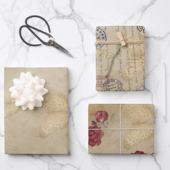 Butterfly Postal Briefmarke Print Pattern Geschenkpapier Set (Vorderseite)