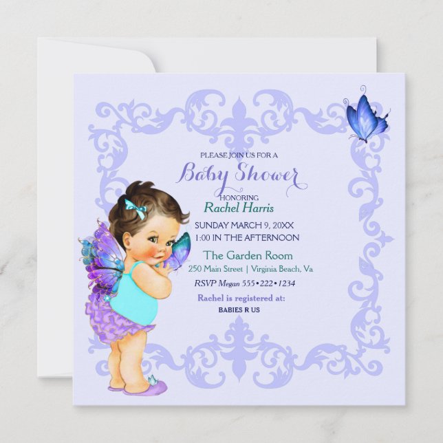 Butterfly Princess Baby Girl Lavender Einladung (Vorderseite)